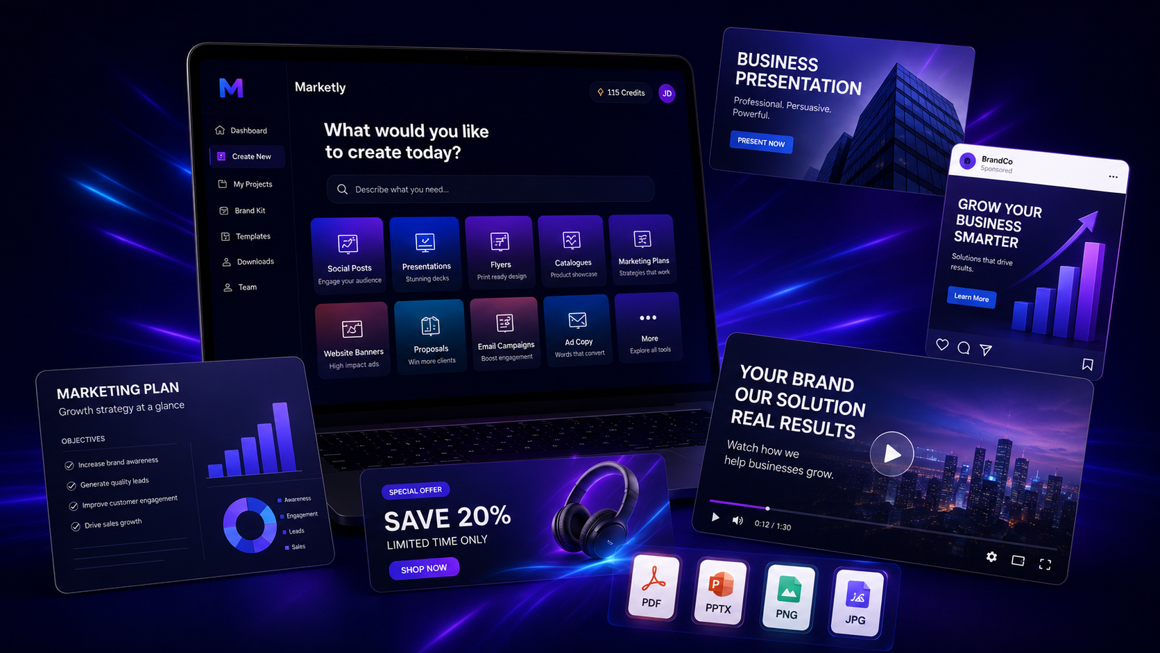 Marketly dashboard and generated marketing content
