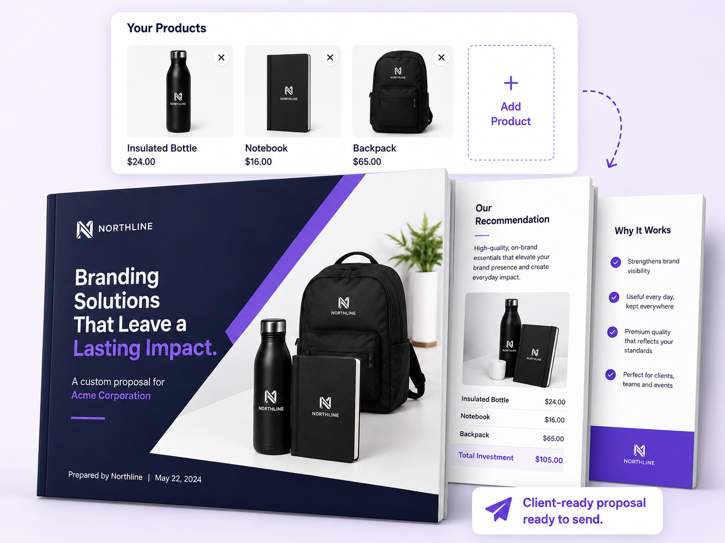 Marketly merchandise proposal example showing branded products, pricing pages and lifestyle visuals for ABC Construction